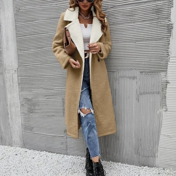 Cozy Khaki Teddy Long Coat Jacket Minimalist - Picture 2 of 12